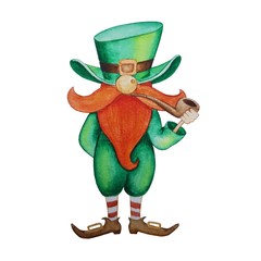 Watercolor Saint Patrick's Day. Hand drawn artistic leprechaun with smoking pipe in green jacket. Cartoon holiday elements 