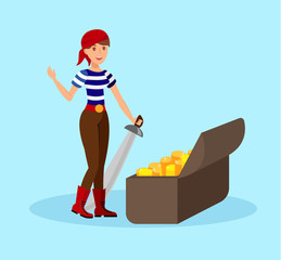 Girl Pirate with Saber Flat Color Illustration. Young Woman in Striped T shirt and Bandana Cartoon Character. Cheerful Lady Discovered Chest with Gold. Treasure Hunting Isolated Design Element