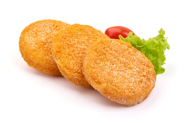 Raw breaded burger cutlets, isolated on white background