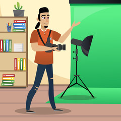 Creative Photographer in Photo Studio. Green Roll Background. Photo Studio. Office Interior. Creative Designer. Creative Appearance. Vector Illustration. Man in Orange T-Shirt near Light Source.