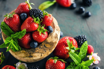 Berries closeup colorful assorted mix of strawberry, blueberry, raspberry, blackberry