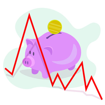 unstable situation in the stock market.  the exchange rate is falling.  piggy bank with a coin next to the global economy fall chart. currency market collapse.