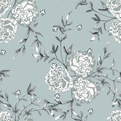 Trendy floral background with roses, large flower buds and twigs with leaves in hand drawn style pastel colors.