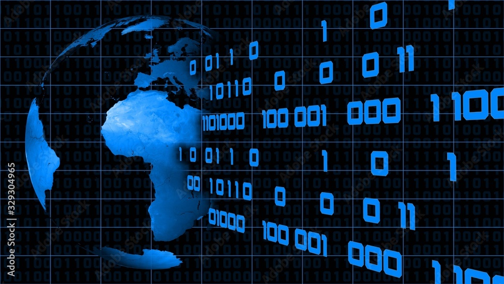 Poster binary concept background in blue colour - binary code flow away from earth globe - 3d illustration