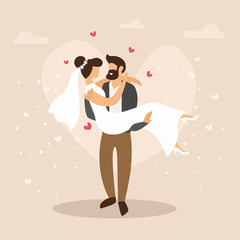 Informational Flyer Wedding Event Cartoon Flat. New Impressions Contribute to Romance Relationships. On Wedding Day, Groom Carries Bride in his Arms. Happy Newlyweds. Vector Illustration.