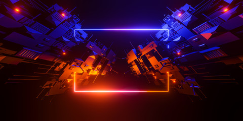 Abstract geometric background sci-fi construction of cubes or space station, blue yellow neon glowing light, blank horizontal rectangular frame. Copy space. 3d illustration