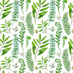 Watercolor Seamless Pattern. Forest Fern and Tree Branches with Green Leaves. Colorful Hand Drawn Illustration For Gift Wrapping, Textile, Background of Web Pages, Print for any Printing Products