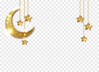 Ramadan Kareem decoration isolated. Gold shiny glitter glowing Crescent Islamic with stars. Eid Mubarak. © Southsticks