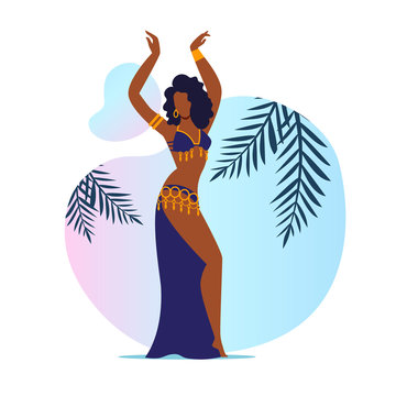 Beautiful Belly Dancer Flat Vector Illustration. Young Muslim Woman in Elegant Outfit Cartoon Characters. Graceful Arab Performer in Dress with Golden Accessories. Traditional Oriental Dance