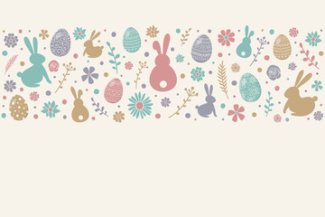 Fototapeta na wymiar Easter banner with copyspace. Colourful eggs, bunnies and flowers on white background. Vector