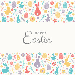 Colourful eggs, bunnies and flowers on background with Happy Easter wishes. Vector