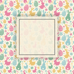 Colourful Easter background with copyspace. Pattern with decorative eggs, bunnies and flowers.