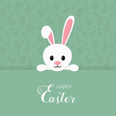 Happy Easter. Greeting card with smiley bunny on green background with pattern. Vector