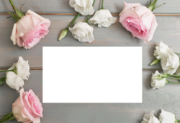 Spring card template. Happy Birthday or Valentine. Women's Day. Greeting card for mother's day. Congratulation with Easter. Flower card. Copy space. Wedding invitation. Flowers on grey background