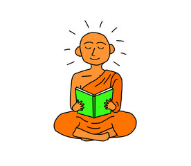 Buddhist monk is reading a book on a white background. Cartoon. Vector illustration.