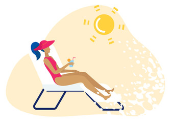 Bright Poster Beach Chair on Beach Cartoon Flat. Good Rest and Relaxation During Holidays. Tanned Girl Flyer Lies on Deck Chair and Drinks Cocktail. Dangerous Summer Sun. Vector Illustration.