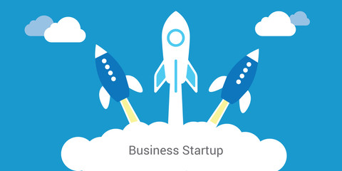 Picture of rocket flying above clouds, business startup banner concept