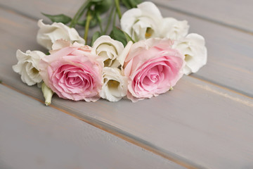 Spring card template. Happy Birthday or Valentine. Women's Day. Greeting card for mother's day. Congratulation with Easter. Flower card. Copy space. Wedding invitation. Flowers on grey background