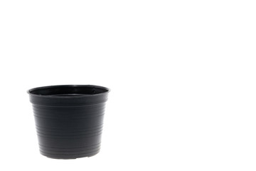 Blank black plastic plant pots isolated on white background.