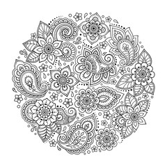 Outline round flower pattern in mehndi style for coloring book page. Antistress for adults and children. Doodle ornament in black and white. Hand draw vector illustration.
