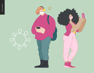 Waiting in line coronavirus - modern flat vector concept illustration of people standing in line wearing mask, talking to each other. Multicultural, multilingual people, coronavirus protection concept