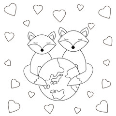 Planet, foxes and hearts. Coloring page.