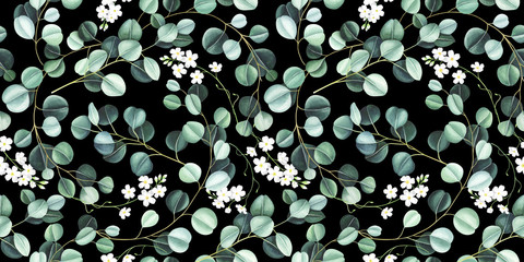 Seamless pattern with eucalyptus leaves and little white flowers on black background. Watercolor illustration. © Oleksandra