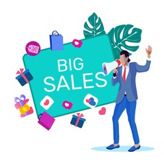 Bright Flyer Technology Big Sales Cartoon Flat. Identification Promising Areas Organization Activities in Market. Invitation Banner Man Speaks Loudspeaker about Sales. Vector Illustration.