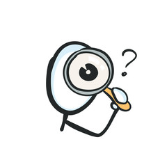 Looking into magnifying glass. Inspect, search and analyze detective. Hand drawn. Stickman cartoon. Doodle sketch, Vector graphic illustration