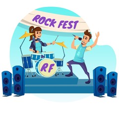 Bright Banner Culture Event Rock Fest Cartoon. Stages Preparation for Festival. Stylish Woman is Playing Fun on Drum Set, Next to Guy is Singing into Microphone. Vector Illustration.