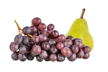 ripe sweet bunch of grapes and juicy pear isolated on white background