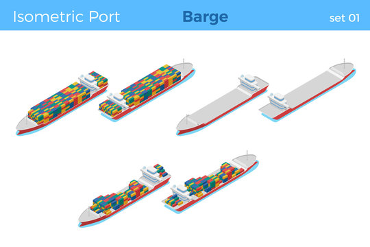 Loaded Barge With Containers And Empty Isometric Vector Illustration Set