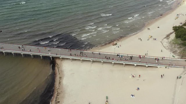PALANGA, LITHUANIA - JULY, 2019: Aerial panorama view of the bridge and sandy beach of Palanga.