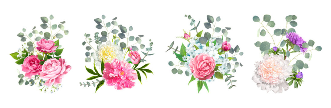 Set of vector bouquets. Blooming flowers of pink Roses, Paeonies, light-blue Phloxes, violet Aster and tender Gypsophila among of Eucalyptus leaves isolated on a white background. Wedding Design