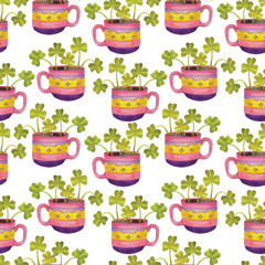 Floral seamless pattern. Background for Happy Saint Patrick's Day, ecological, organic, floral design. Shamrocks in a pot. Mug with clover. Watercolor hand-drawn illustration. Home flowers.