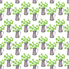 Seamless pattern with bouquet of clover. Watercolor hand-drawn illustration. Green grass in the vase. Decorative background for ecological, organic, floral design, Happy Saint Patrick's Day