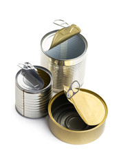 A lot of uncovered metal tin cans isolated on a white background
