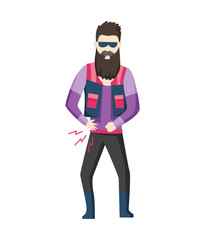 Man having stomachache symptoms of appendicitis with large, small intestine and appendix. Bearded man clutched his stomach. Abdominal pain. Appendix disease, emergency case