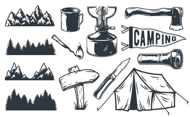 Set of camping equipment outdoor adventure kit