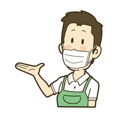 案内するエプロンの男性　マスク
