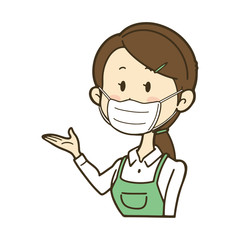 案内するエプロンの女性　マスク