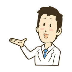 案内する白衣の男性　笑顔