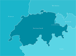Vector modern illustration. Simplified map of Switzerland and borders with neighboring countries France, Germany, Italy, Austria, Liechtenstein. Blue shapes of states, white outline. - obrazy, fototapety, plakaty
