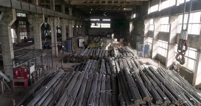 aerial shot inside the metalworking shop. Metalworking shop