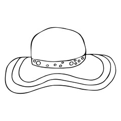 Female retro hat on a white background. Doodle outline vector illustration.
