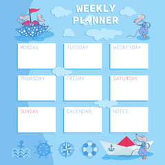 Fototapeta na wymiar Mouse sailors. Weekly planner with a nautical theme in cartoon style. Baby organizer. Summer marine themes. Time of adventure and sea voyages. Kids timetable design template.