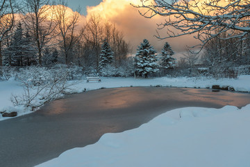 Winter landscape with trees and lake in sunset 