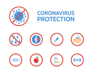 Corona virus protection infographic. COVID-19 novel coronavirus. Stop bacteria. Medical examination. Corona virus prevention. Antibacterial concept. Antiviral immunity. Vector illustration