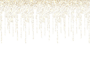 Gold glitter lines on white background. Golden sparkling confetti. Luxury holiday border. Glitter decoration frame. Bright sparkles and dust. Vector illustration