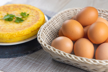 Spanish potato omelette dish with egg ready to eat